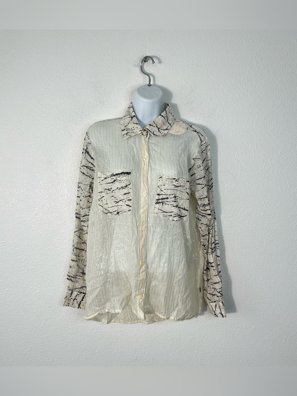 Stussy Button-Down Cotton Shirt Cream Silver Long Sleeve Size Medium Y2K NEW - Picture 2 of 6